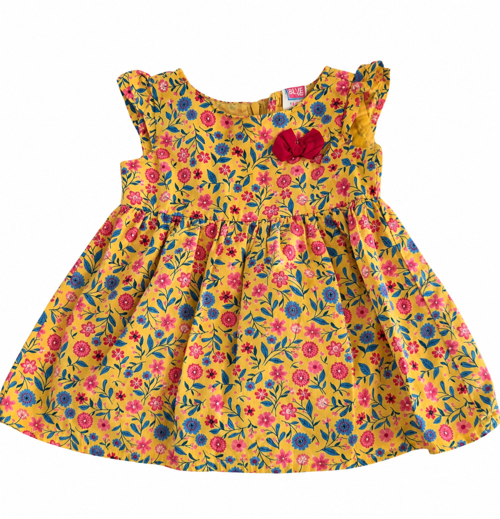 Pink & Blue- India Cotton Baby Frock Yellow Floral Flutter Sleeve Dress